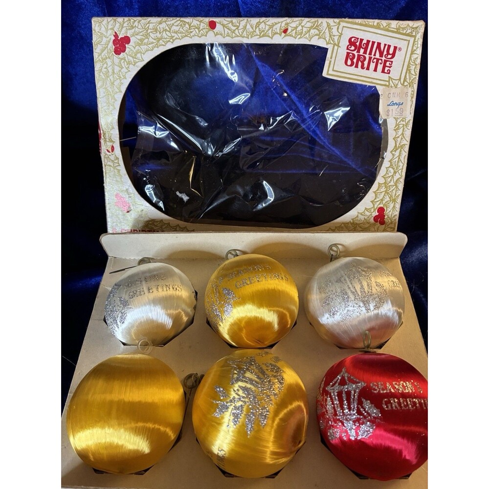 Vintage Shiny Brite Satin Spun Silk Christmas Ornaments Orig. Box USA